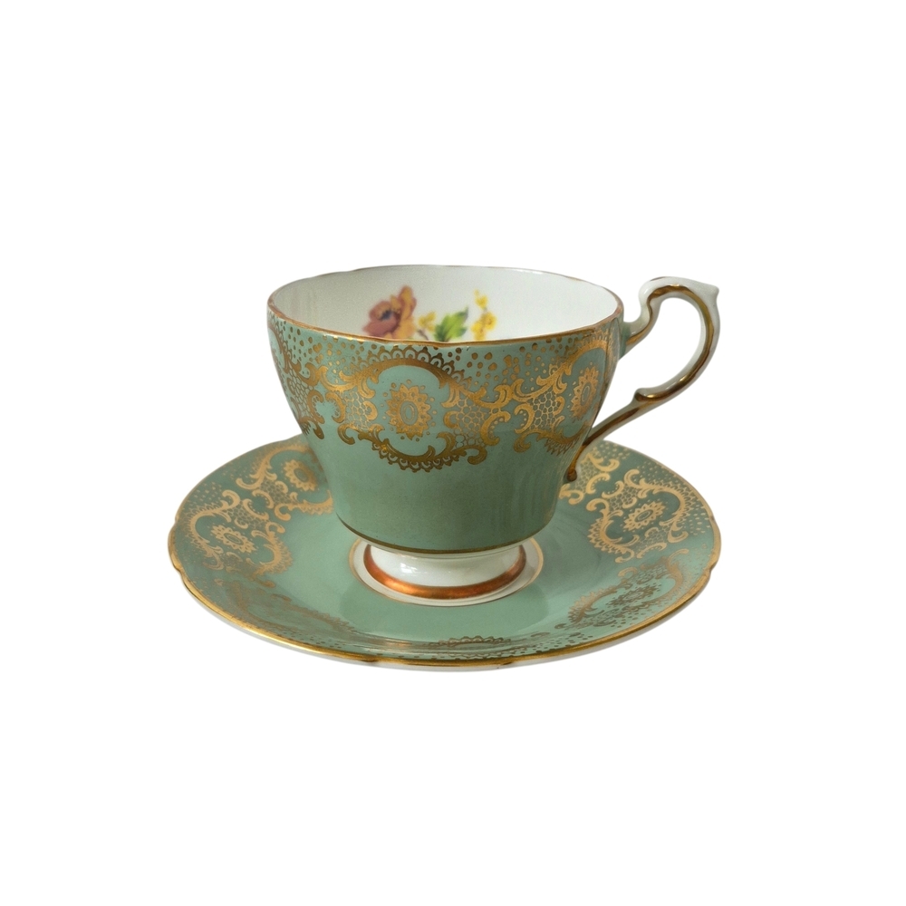 Vintage Paragon Tea Cup and Saucer Set Pastel Mint & Florals With Gold Gilding